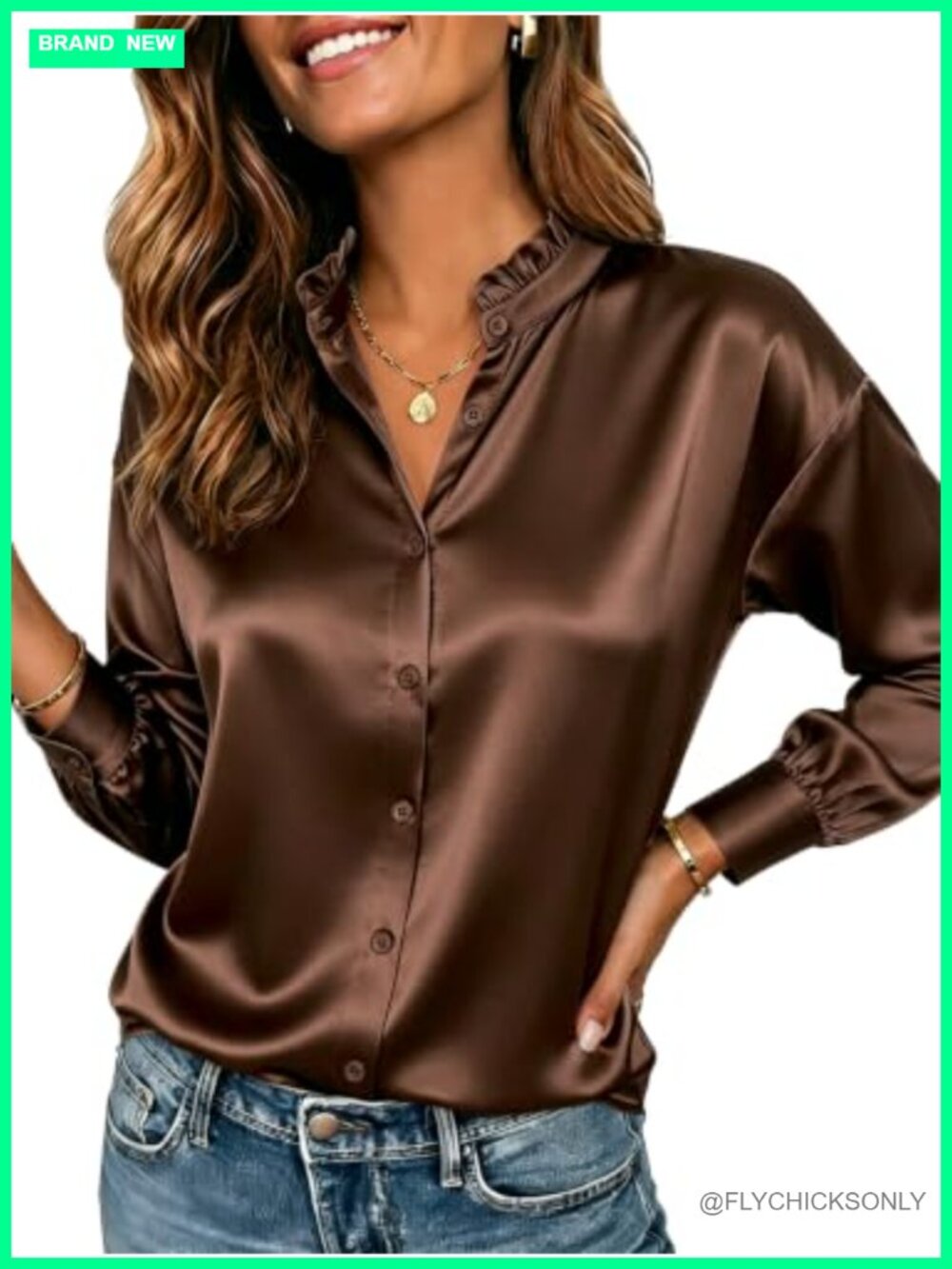Satin Blouse Ruffle Collar Long Sleeve Button Down Shirt for Women